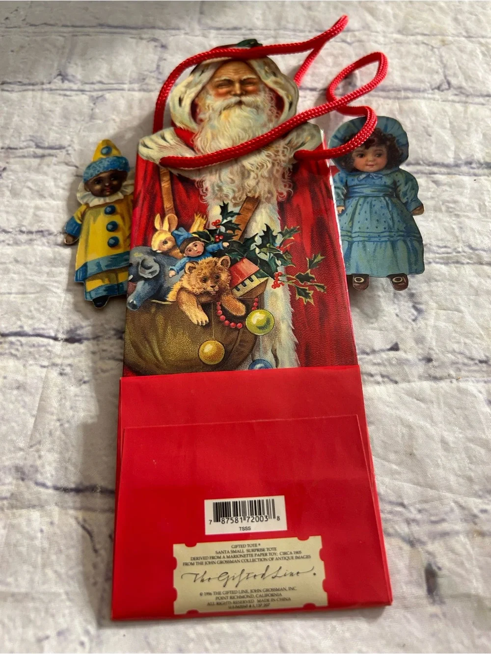 VTG GIFTED LINE PAPER MARIONETTE SANTA TOYS FIGURES (1996) 3D CHRISTMAS BAG